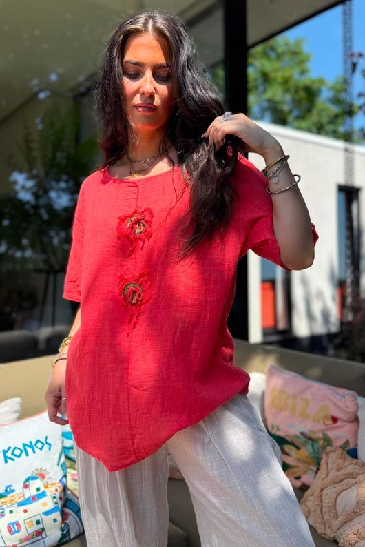 Izi Cheesecloth Button Tee Watermelon